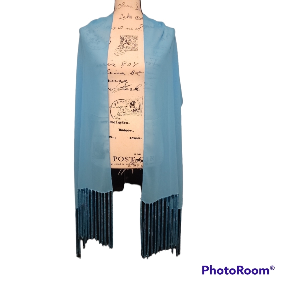 Sky-blue Fringed Wrap Shawl - Picture 8 of 9